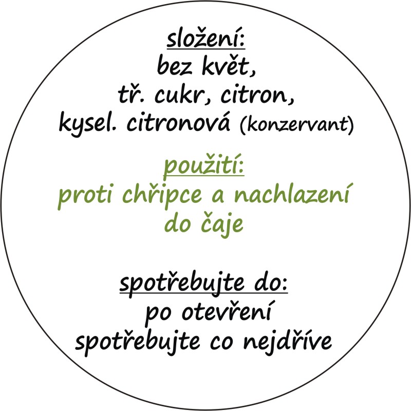 Sada 2 ks kulatých samolepek 6 x 6 cm sirup z ČERNÉHO BEZU - květ 10 - 49 ks