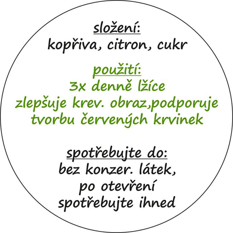 Sada 2 ks kulatých samolepek 6 x 6 cm - sirup KOPŘIVOVÝ 500 - 999 ks