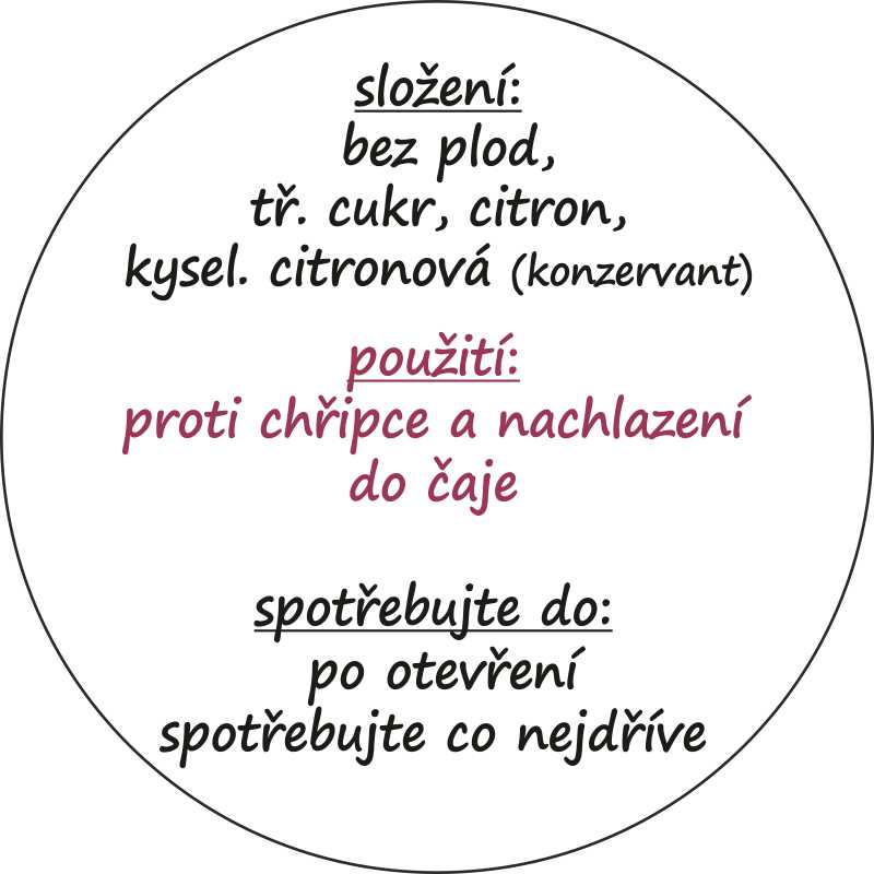 Sada 2 ks kulatých samolepek 6 x 6 cm sirup z ČERNÉHO BEZU - plod 10 - 49 ks